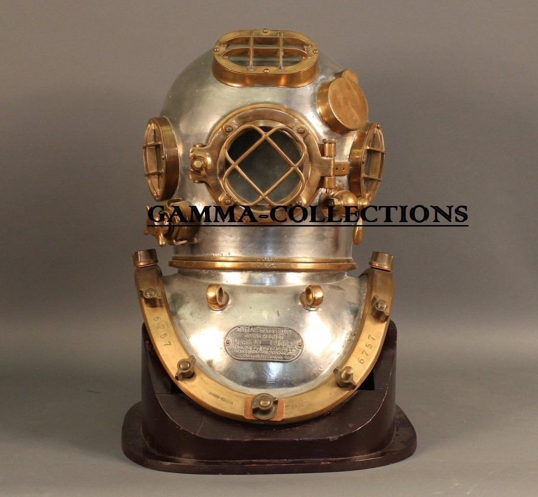Vintage Diving Helmet with Silverish Cream Finish and Dark Brown Base view 3