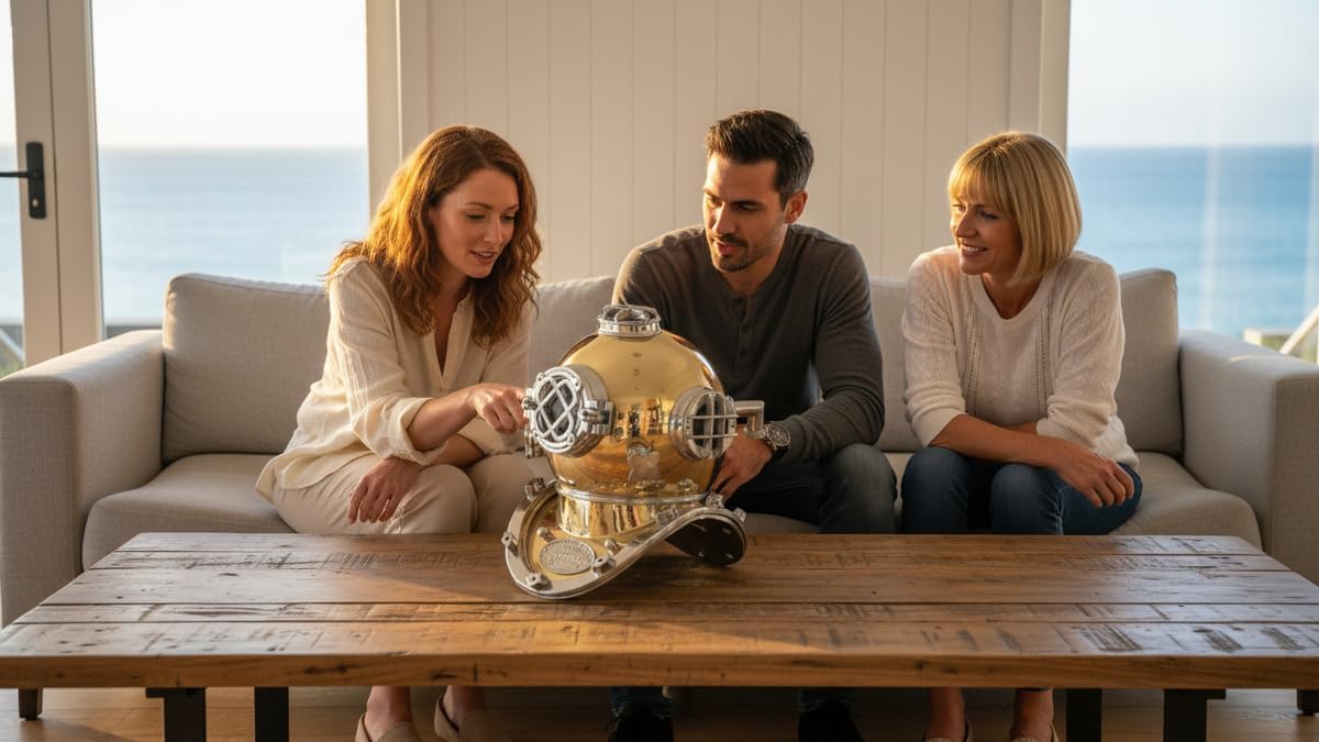 Diving Helmet with Goldenish Mustard Finish and Nickel Highlights view 5