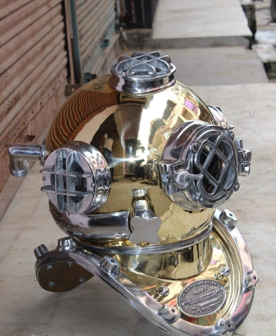 Diving Helmet with Goldenish Mustard Finish and Nickel Highlights view 7