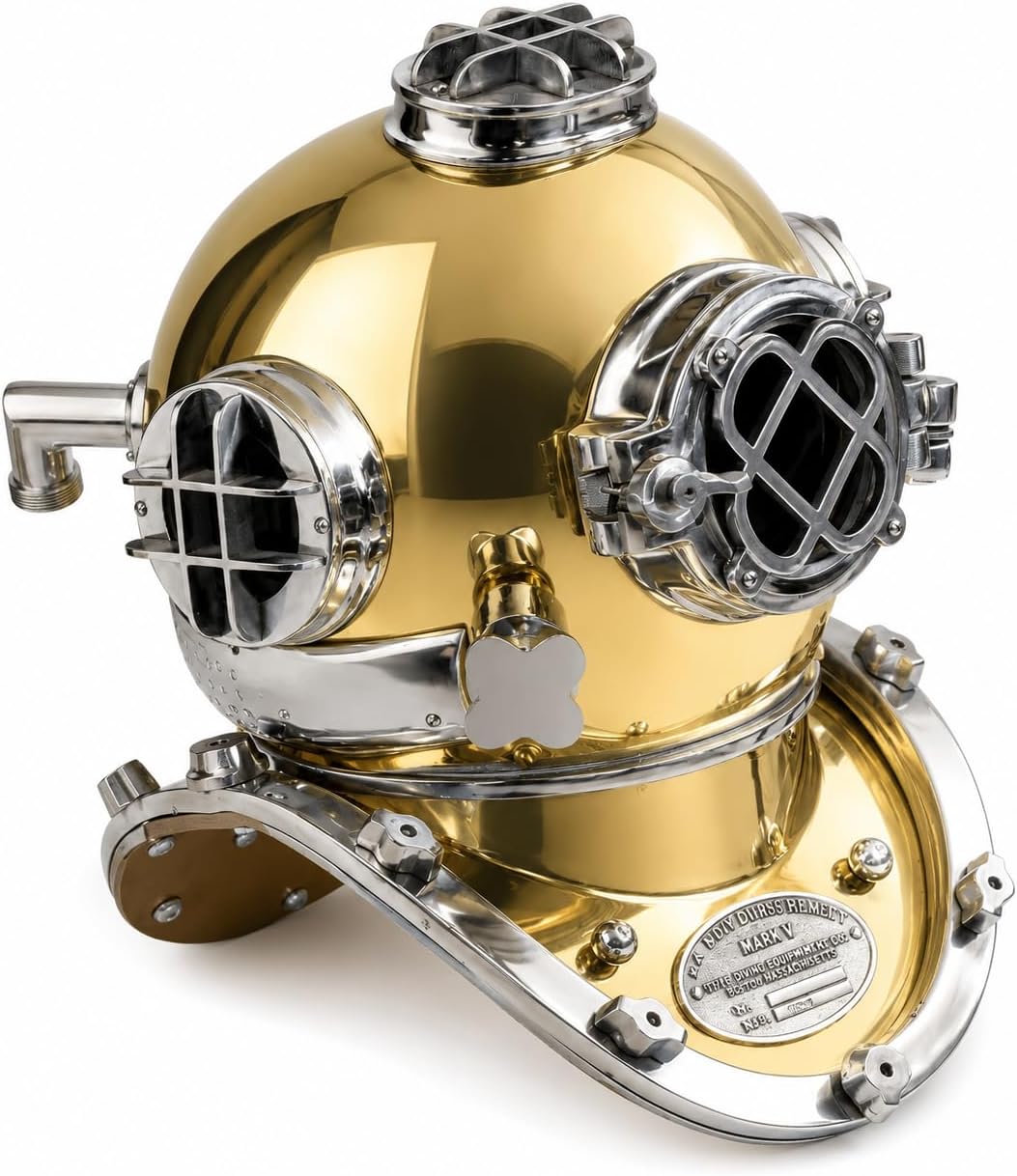 Diving Helmet with Goldenish Mustard Finish and Nickel Highlights view 8