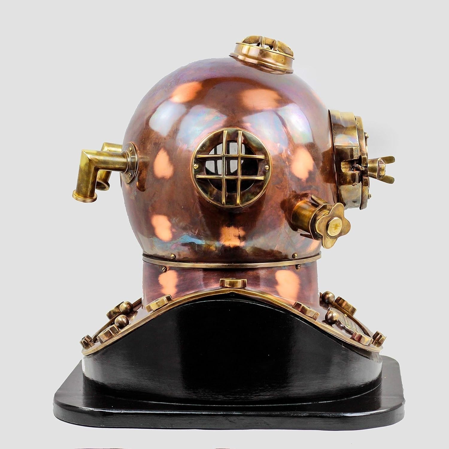 Reddish Copper Diving Helmet with Antique Finish and Black Wooden Base view 4