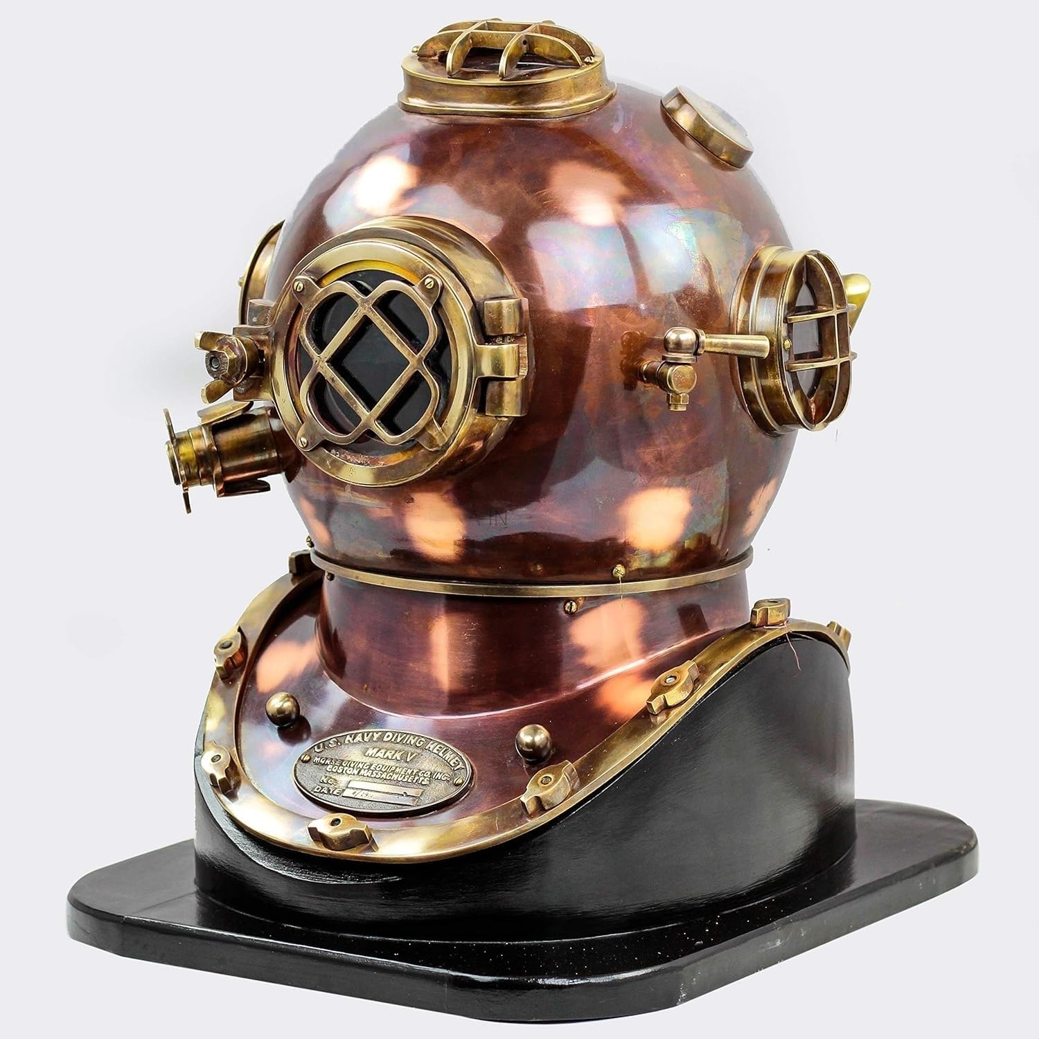 Reddish Copper Diving Helmet with Antique Finish and Black Wooden Base view 6