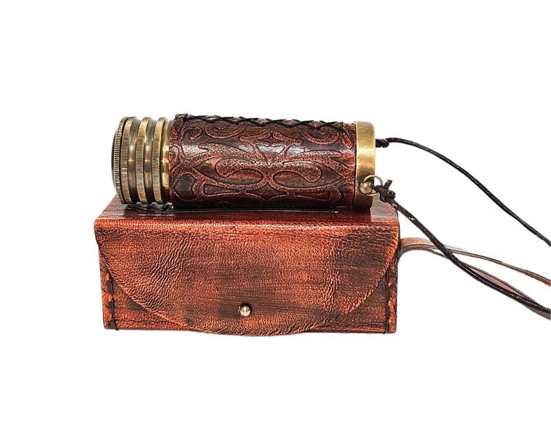 Miniature Brass Kaleidoscope with Leather Carry Case view 3