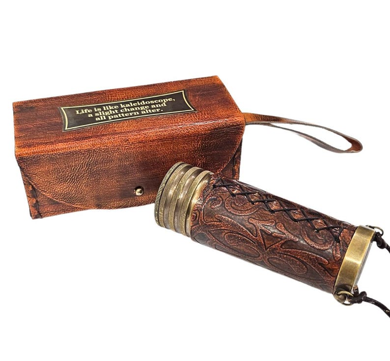Miniature Brass Kaleidoscope with Leather Carry Case view 4