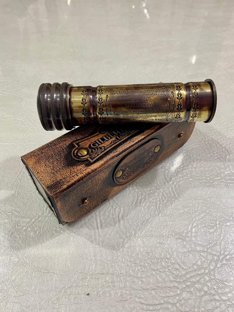 Brass Kaleidoscope with Engraved Detail and Leather Case view 2