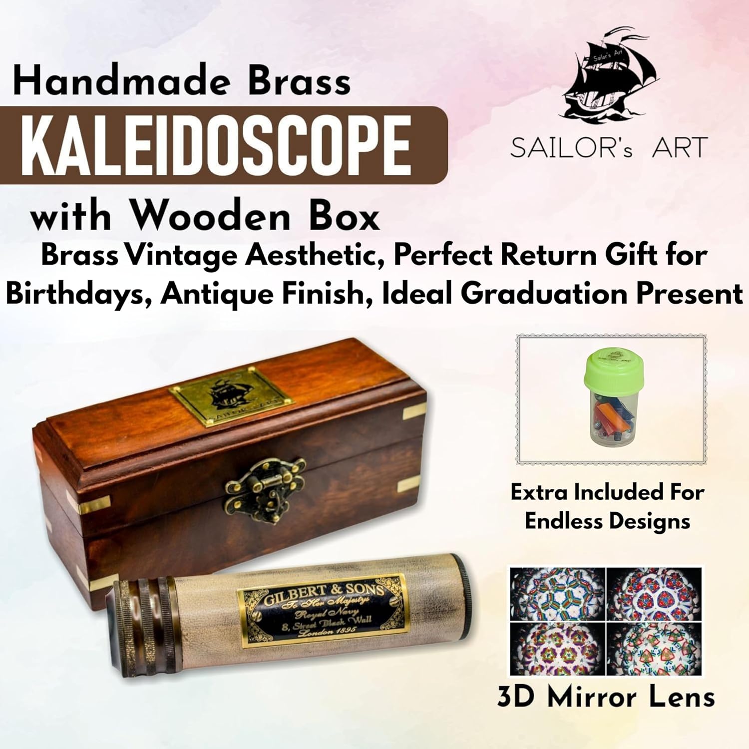 Solid Brass Kaleidoscope with Wooden Storage Box view 2