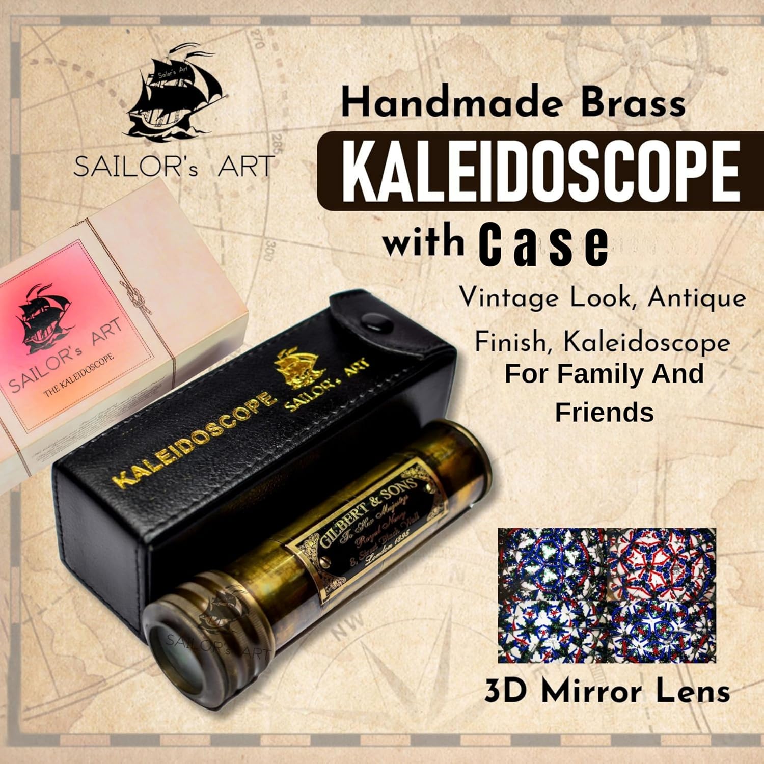 Solid Brass Kaleidoscope with Engraved Detail and Leather Case view 2