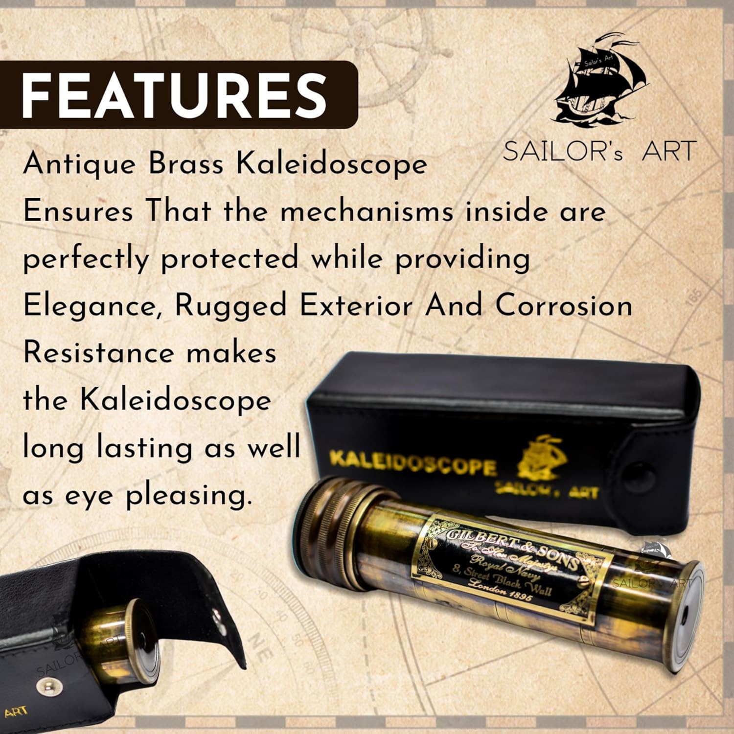 Solid Brass Kaleidoscope with Engraved Detail and Leather Case view 5