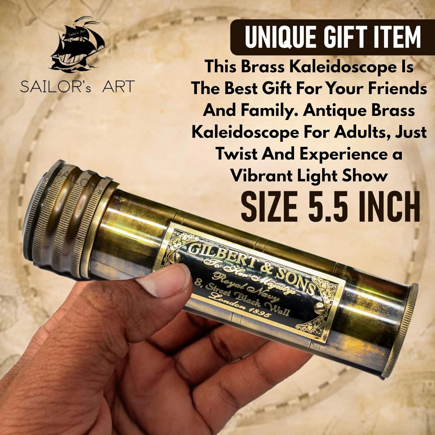 Solid Brass Kaleidoscope with Engraved Detail and Leather Case view 6