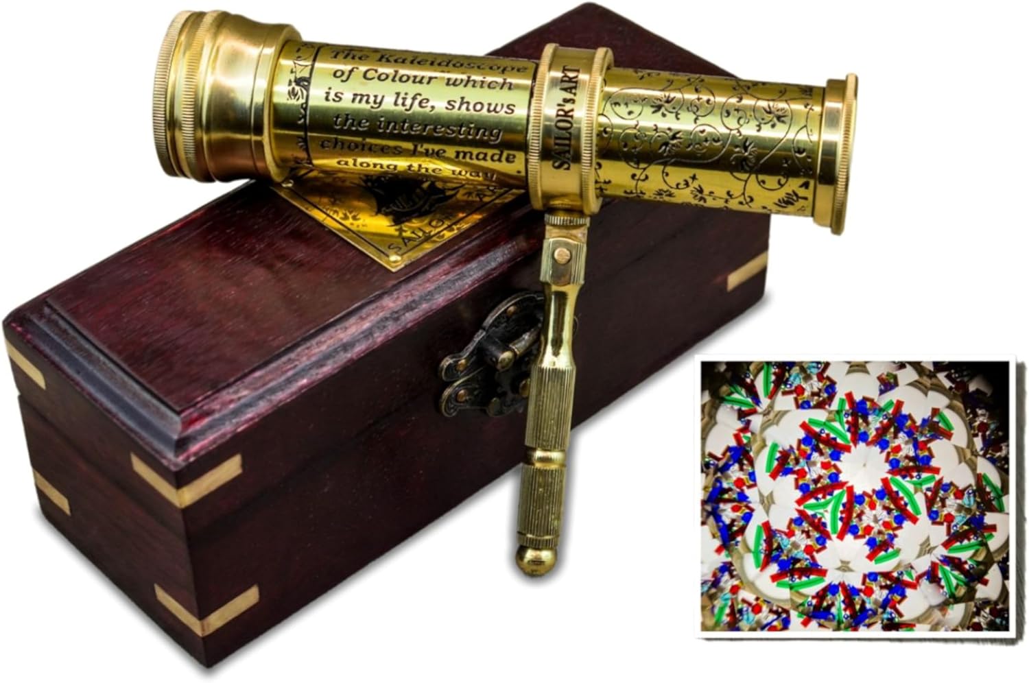 Solid Brass Kaleidoscope with Engraved Detail and Leather Case view 9