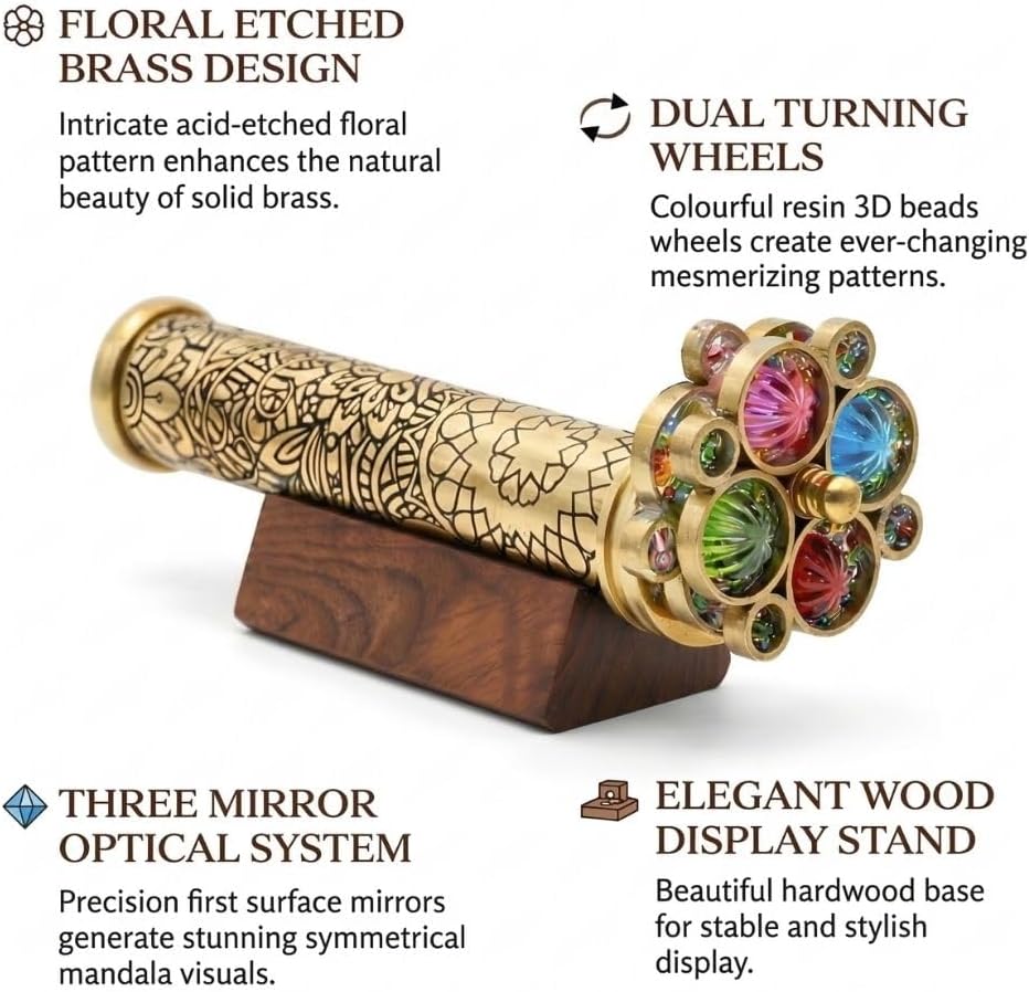 Lacquered Etched Brass Kaleidoscope with Two Turning Wheels view 3