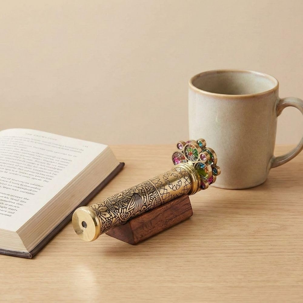 Lacquered Etched Brass Kaleidoscope with Two Turning Wheels view 5