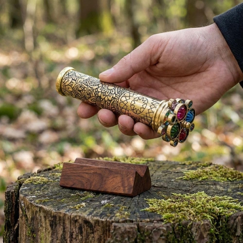 Lacquered Etched Brass Kaleidoscope with Two Turning Wheels view 6