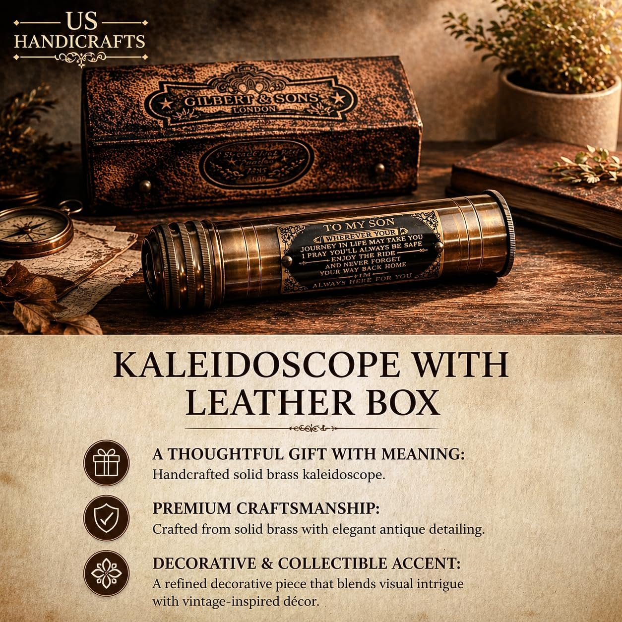 Handcrafted Brass Kaleidoscope with Leather Case view 8