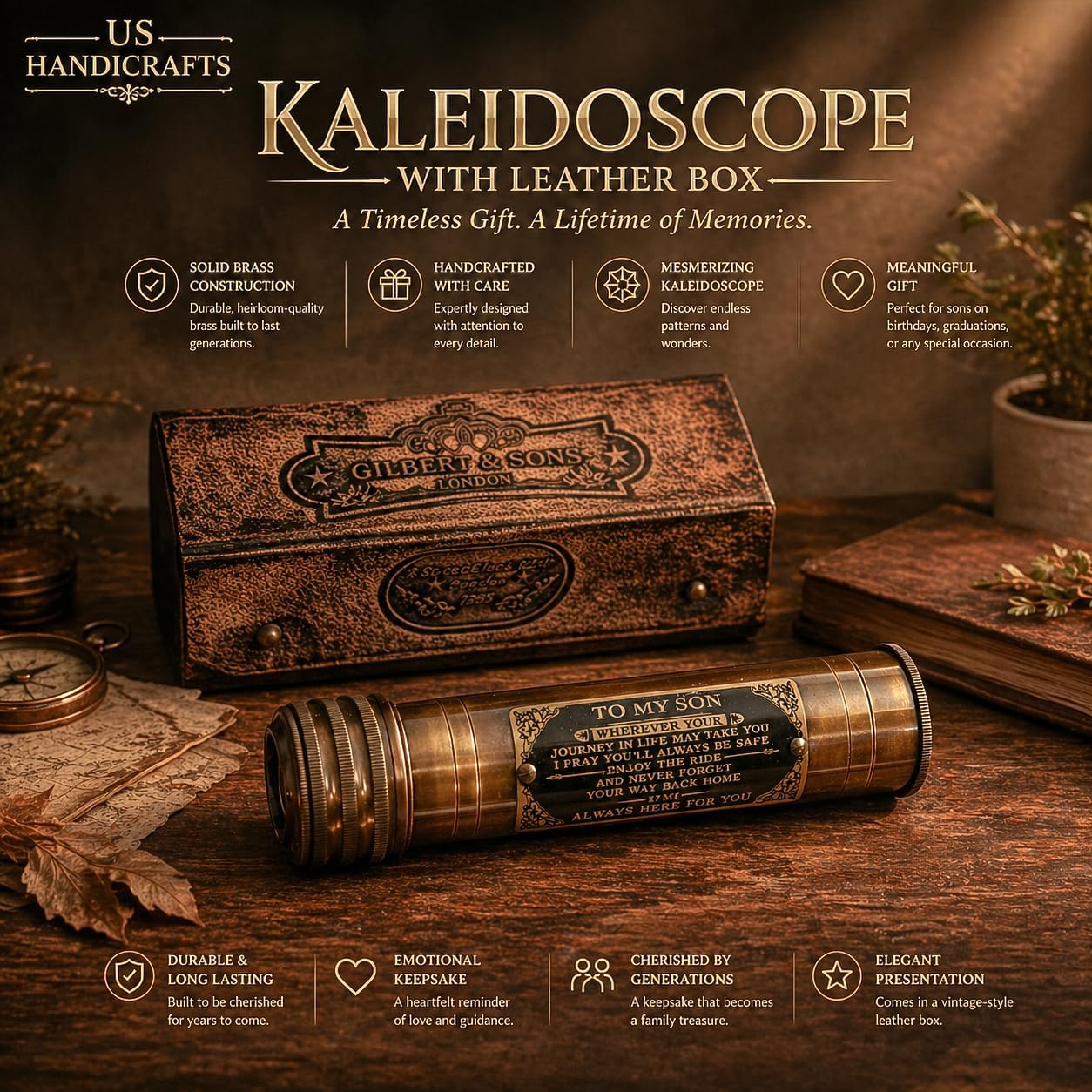 Handcrafted Brass Kaleidoscope with Leather Case view 9