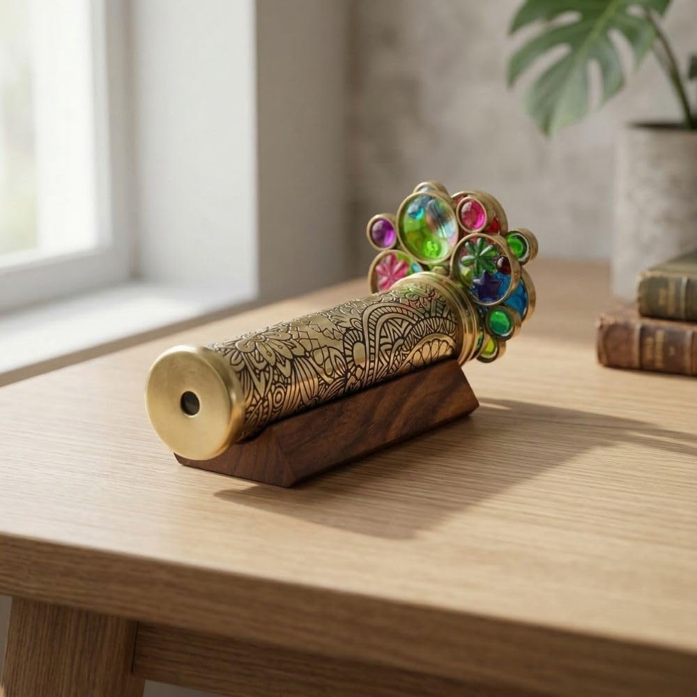 Etched Floral Brass Kaleidoscope with Dual Turning Wheels view 3