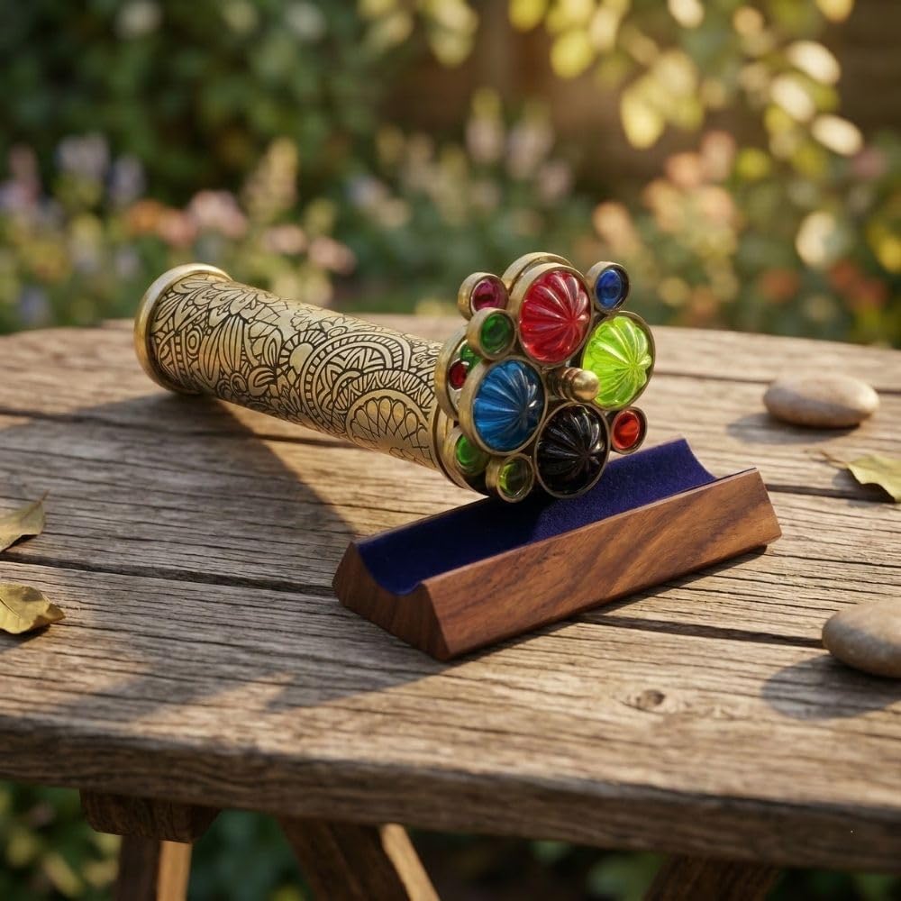 Etched Floral Brass Kaleidoscope with Dual Turning Wheels view 6