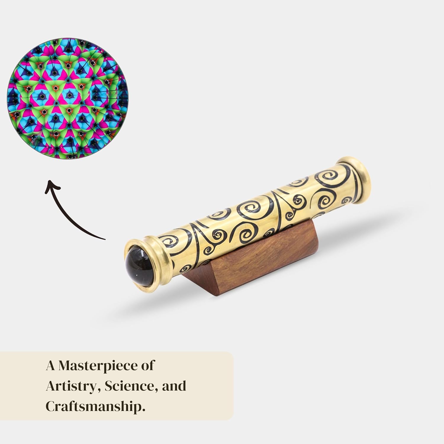 Tribal Etched Brass Teleidoscope with Wooden Stand view 3