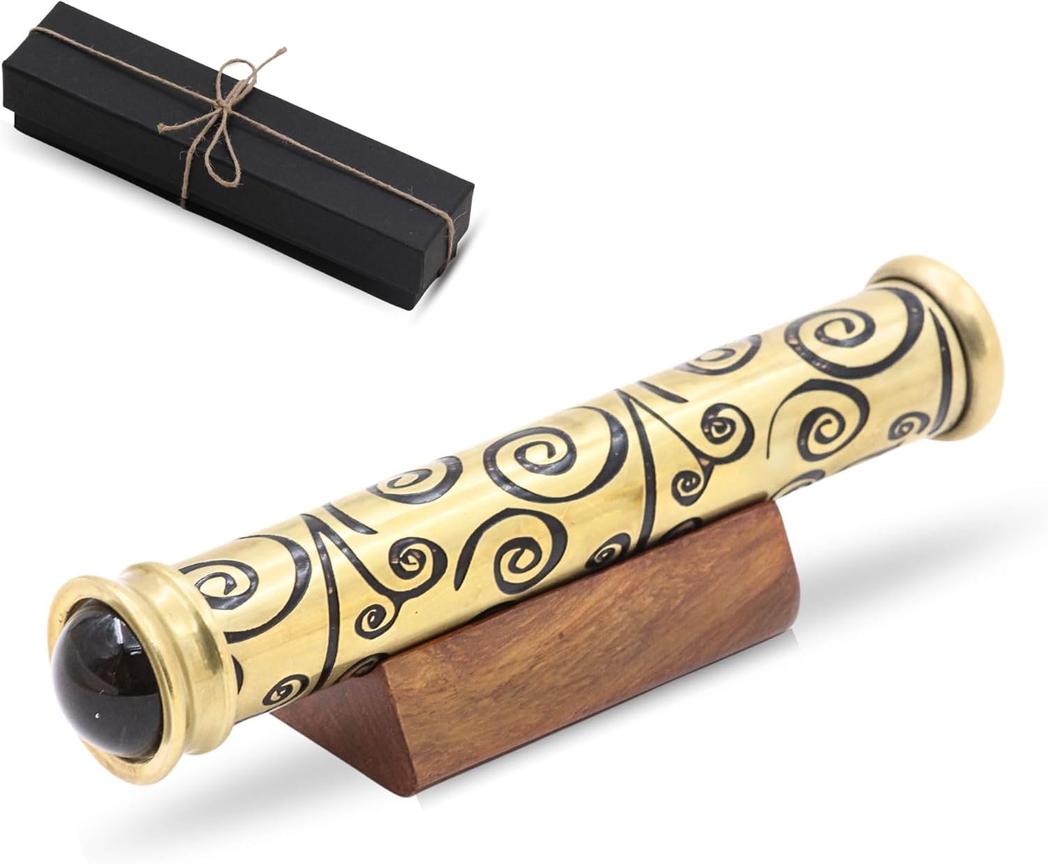 Tribal Etched Brass Teleidoscope with Wooden Stand view 6