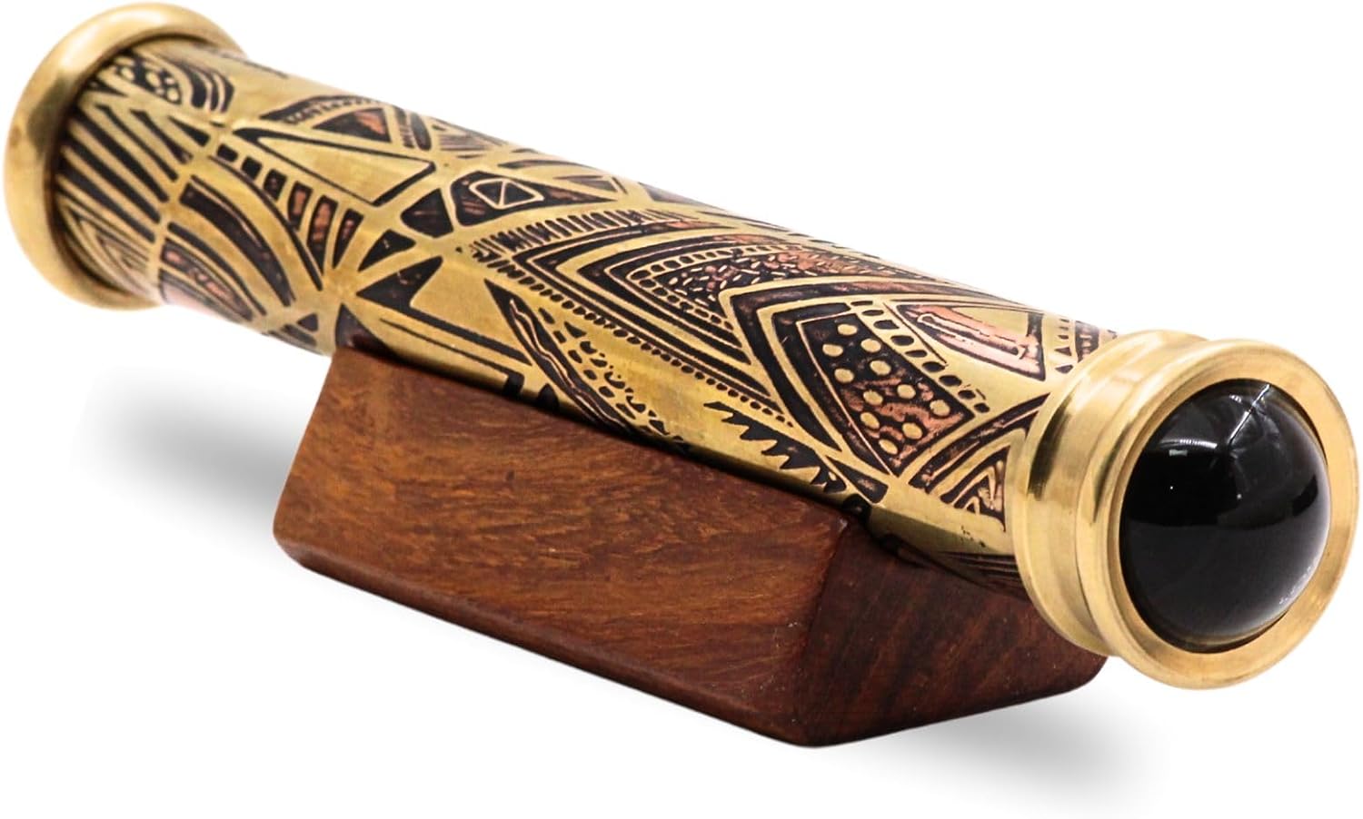 Tribal Etched Brass Teleidoscope with Wooden Stand view 7
