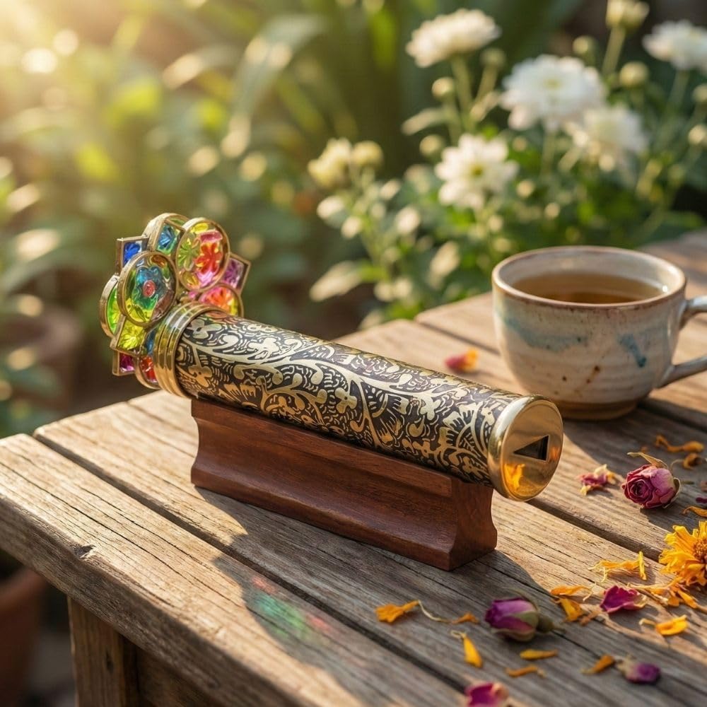 Giant Trigon Etched Brass Kaleidoscope with Hardwood Base view 2
