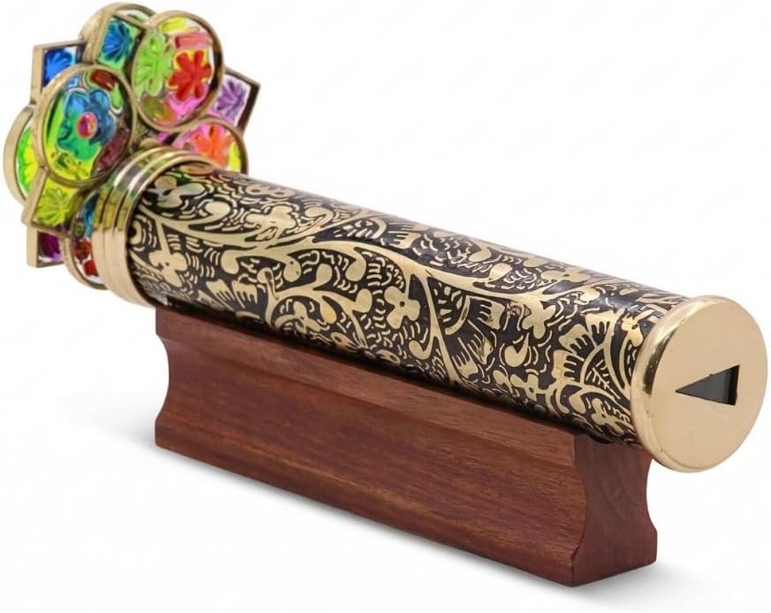 Giant Trigon Etched Brass Kaleidoscope with Hardwood Base view 10