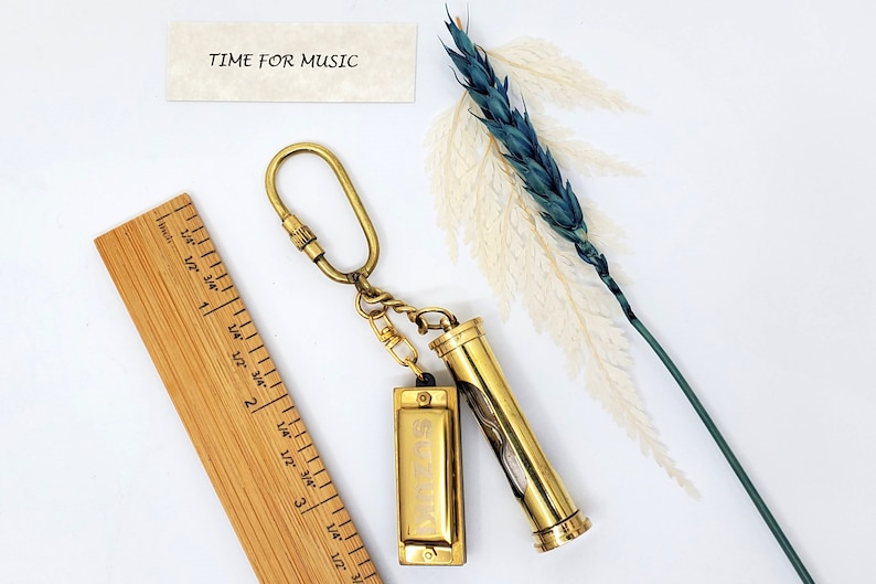 Brass Compass, Magnifier and Hourglass Keychain Set view 8