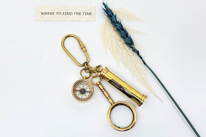 Brass Compass, Magnifier and Hourglass Keychain Set view 10