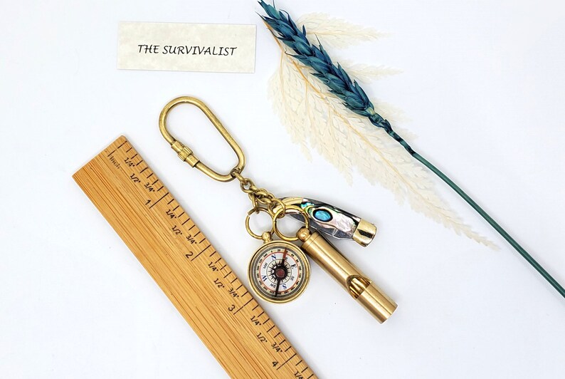 Brass Compass, Whistle and Hourglass Keychain Set view 2
