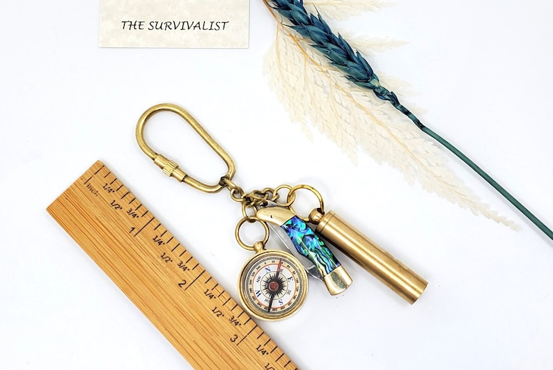 Brass Compass, Whistle and Hourglass Keychain Set view 3