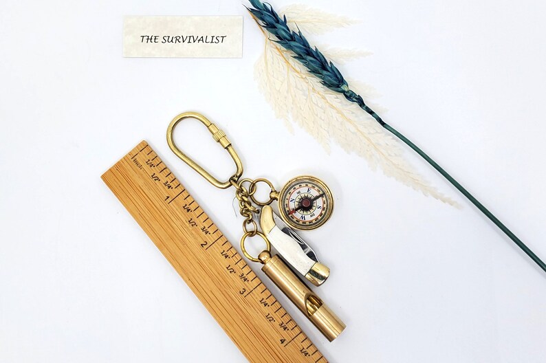 Brass Compass, Whistle and Hourglass Keychain Set view 4