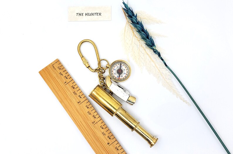 Brass Compass, Whistle and Hourglass Keychain Set view 6