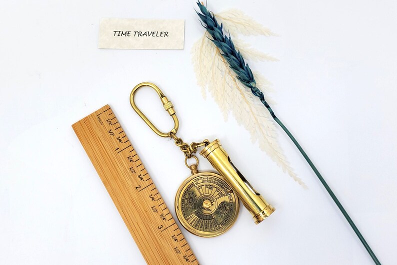 Brass Calendar, Magnifier and Compass Keychain Set view 3
