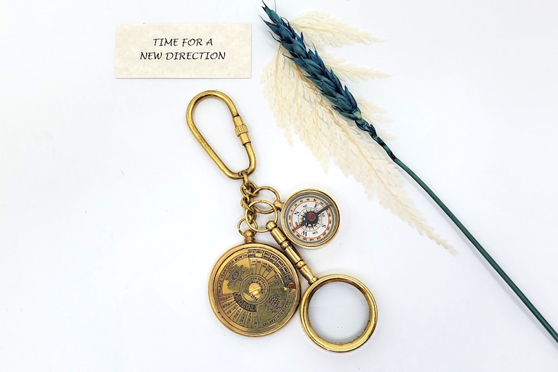 Brass Calendar, Magnifier and Compass Keychain Set view 10