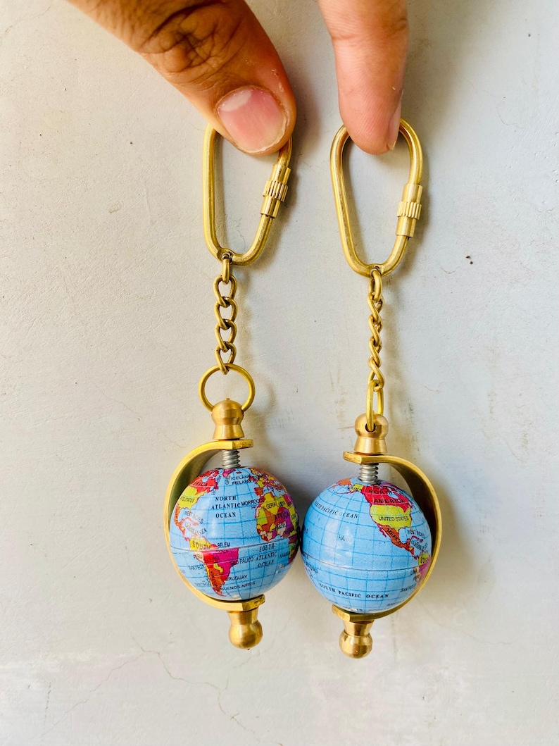 Spinning Globe Brass World Map Keychain view 2