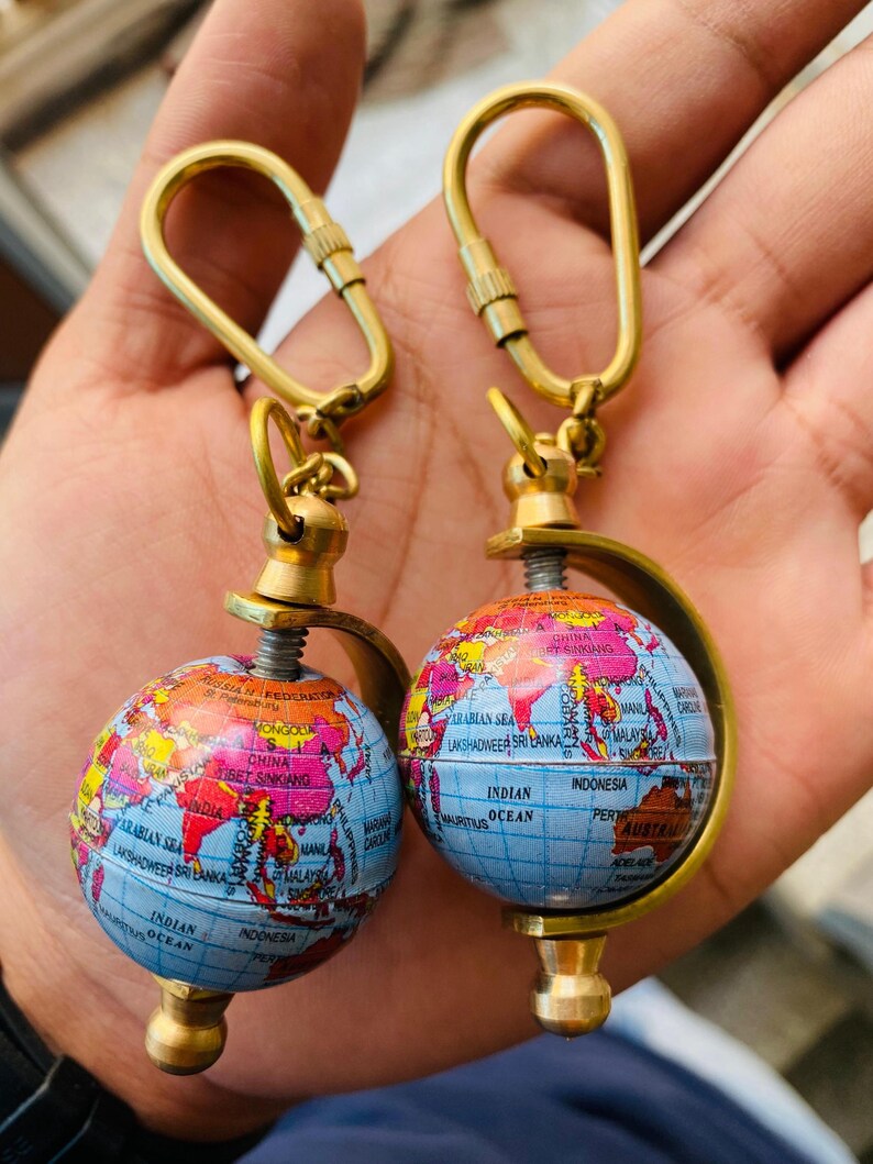 Spinning Globe Brass World Map Keychain view 4