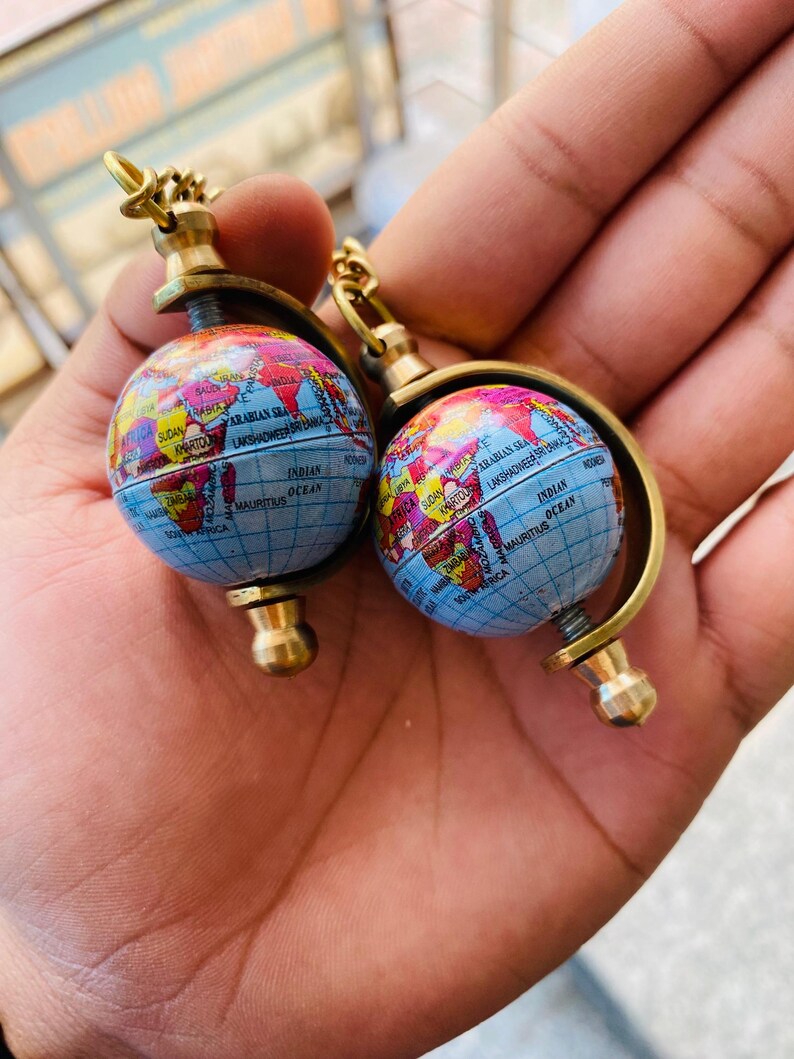 Spinning Globe Brass World Map Keychain view 6