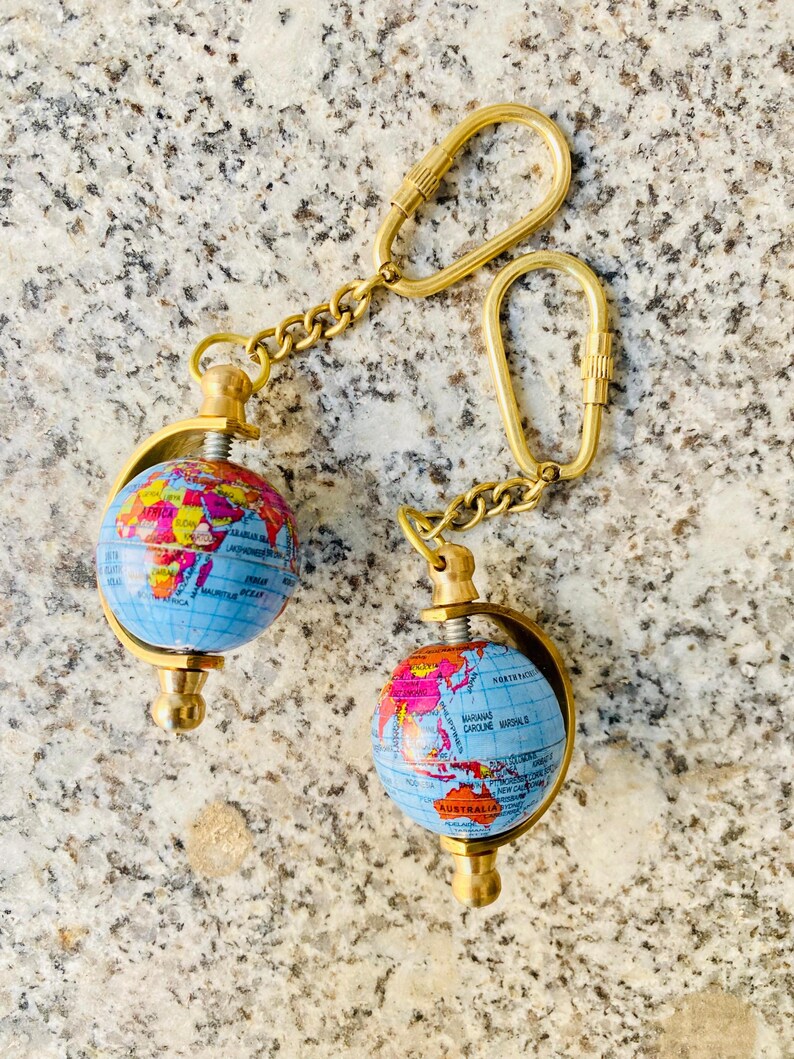 Spinning Globe Brass World Map Keychain view 7