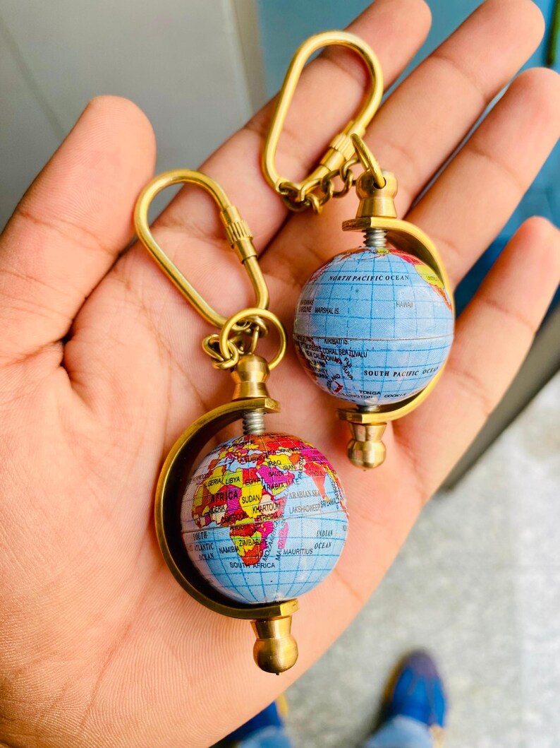 Spinning Globe Brass World Map Keychain view 8