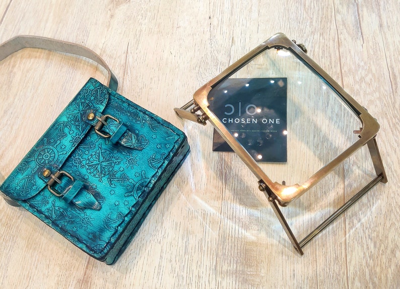 All-Brass Foldable Rectangular Magnifier 4" with Engraved Green Leather Case view 2