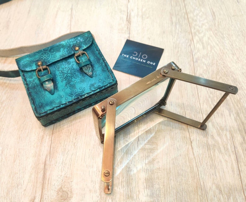 All-Brass Foldable Rectangular Magnifier 4" with Engraved Green Leather Case view 10