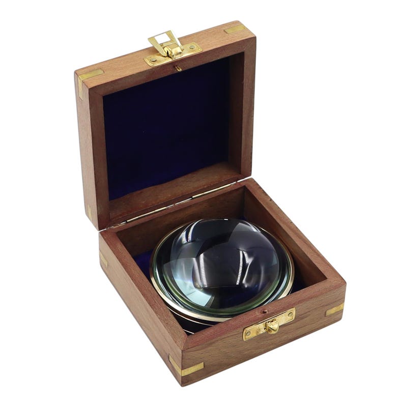 Vintage Brass Desk Dome Magnifier 3" with Wooden Rectangular Box view 4