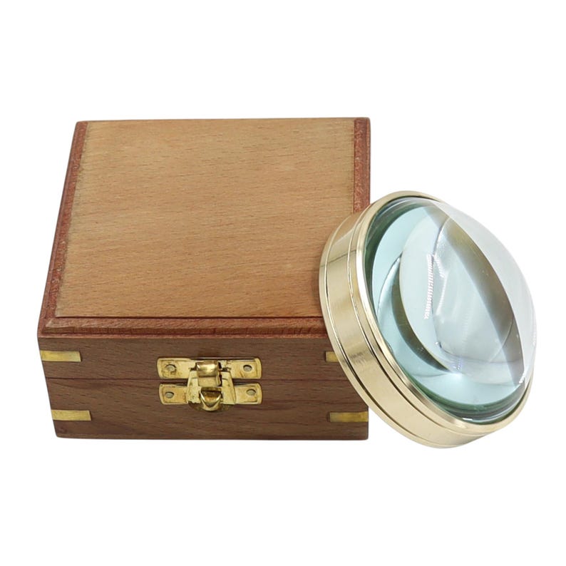 Vintage Brass Desk Dome Magnifier 3" with Wooden Rectangular Box view 6