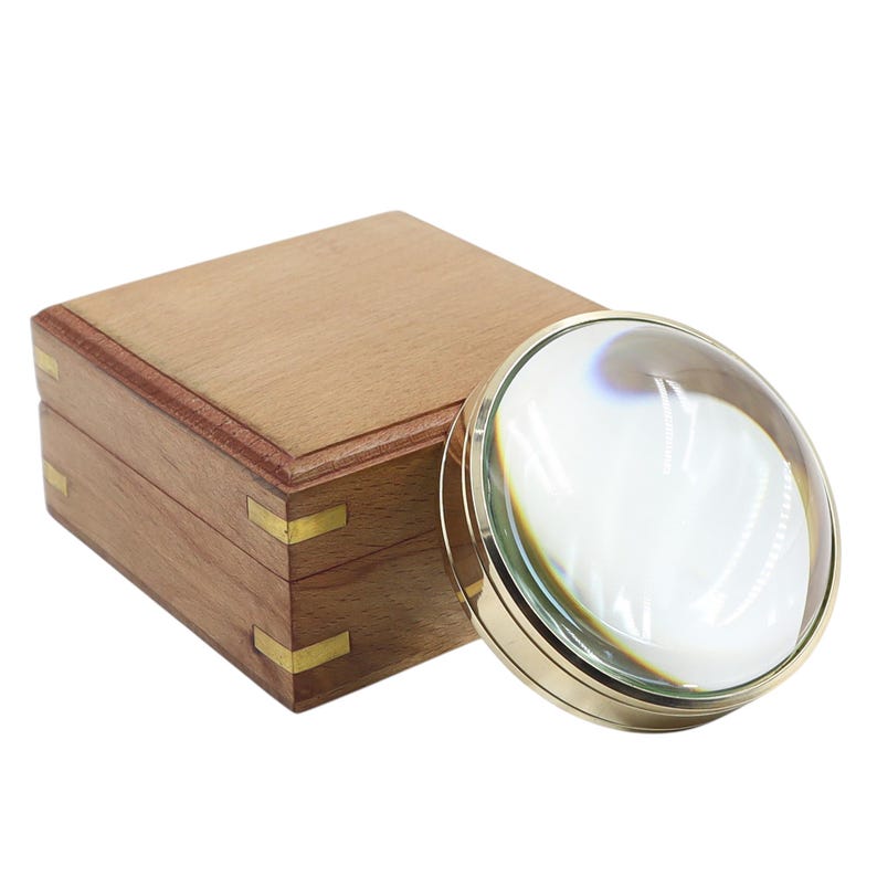 Vintage Brass Desk Dome Magnifier 3" with Wooden Rectangular Box view 9
