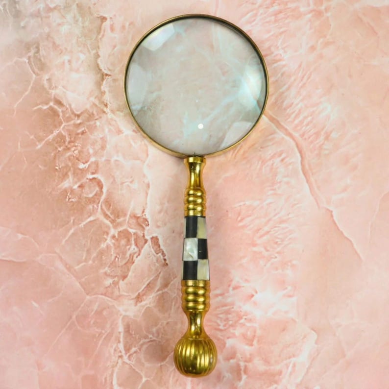 All-Brass Handheld Magnifier 3.5" with Mother of Pearl Inlay and Chess Design Handle view 2
