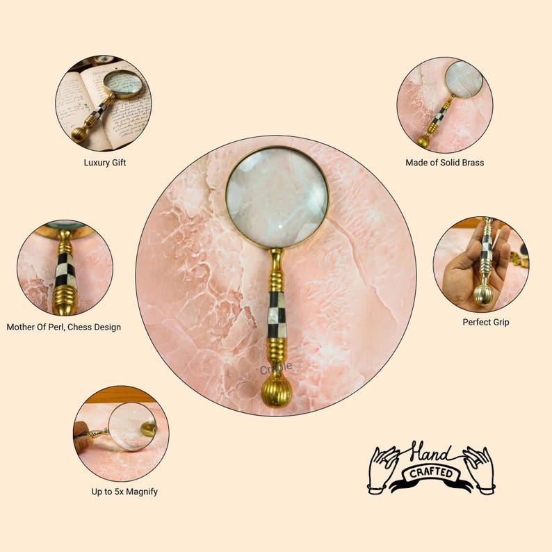 All-Brass Handheld Magnifier 3.5" with Mother of Pearl Inlay and Chess Design Handle view 4