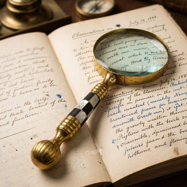 All-Brass Handheld Magnifier 3.5" with Mother of Pearl Inlay and Chess Design Handle view 5