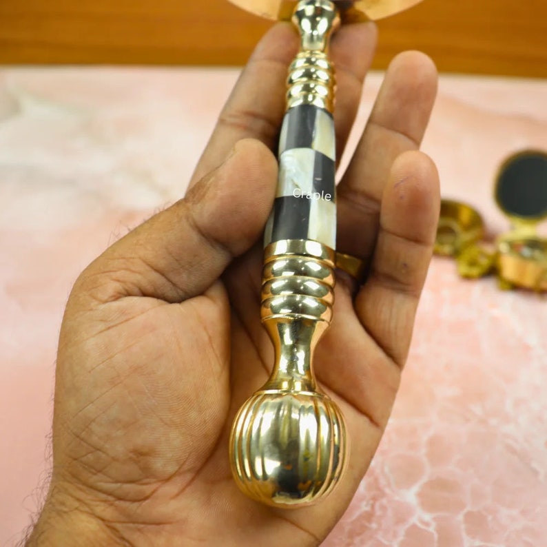 All-Brass Handheld Magnifier 3.5" with Mother of Pearl Inlay and Chess Design Handle view 7