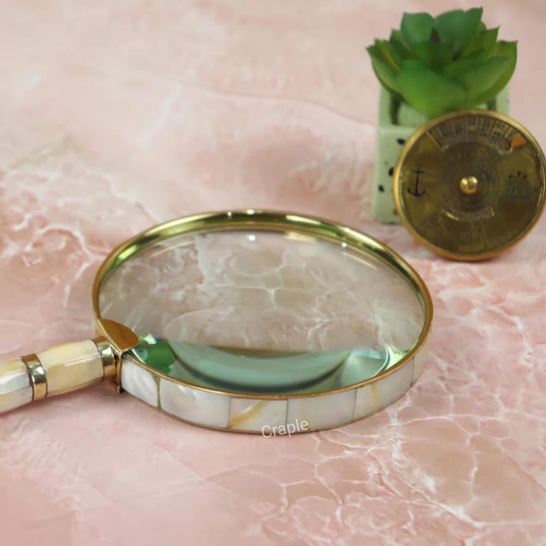 All-Brass Handheld Magnifier 3" with Mother of Pearl Handle view 6