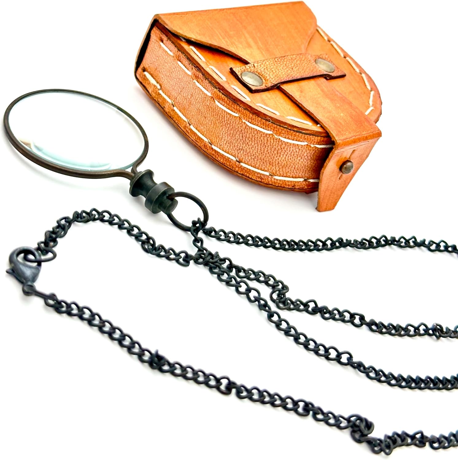 Antique Brass Pendant Magnifier 2" with 15" Chain and Leather Box view 3